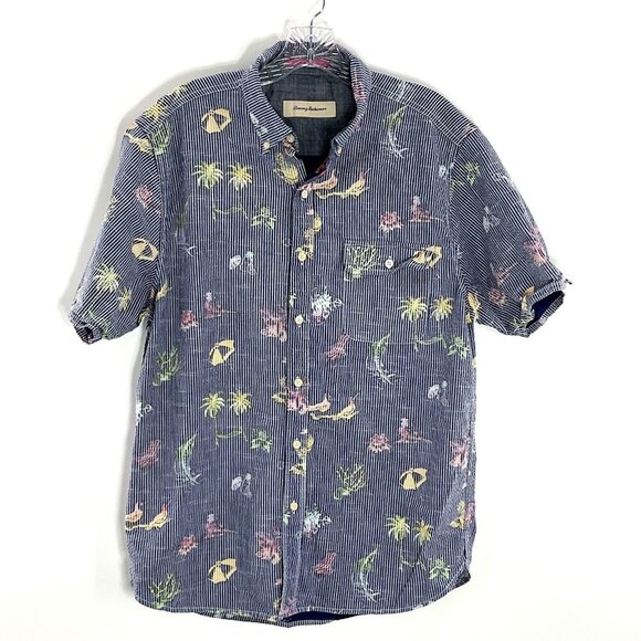 Tommy Bahama Shirt Men M Cotton Button Down‎ Striped Print Travel Vacation - Picture 1 of 13